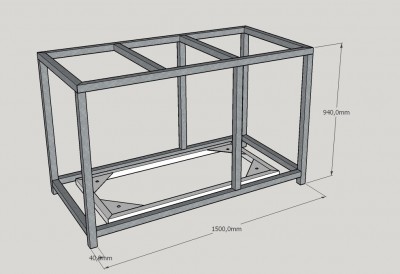 Vue du cadre en tube carrÃ© de 40*40, le cadre au centre servira de support aux roulettes. L'articulation de ce cadre non modÃ©lisÃ©e permettra de soulever l'ensemble.