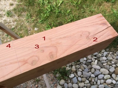 TraÃ§age. <br />On trace un premier repÃ¨re sur un cÃ´tÃ©, puis un second sur l'autre cÃ´tÃ©, dÃ©calÃ© de 45cm. C'est cette ligne (1) qu'on va couper.<br />Il faut ensuite dÃ©terminer la coupe de bout(2). Elle doit Ãªtre perpendiculaire Ã  la ligne de coupe, et sa longueur (dans mon cas, 4cm) dÃ©termine le dÃ©calage entre le premiÃ¨re ligne biaise et la seconde(3). <br />On trace ensuite la derniÃ¨re ligne(4), qui doit Ãªtre parallÃ¨le Ã  la seconde et de mÃªme longueur